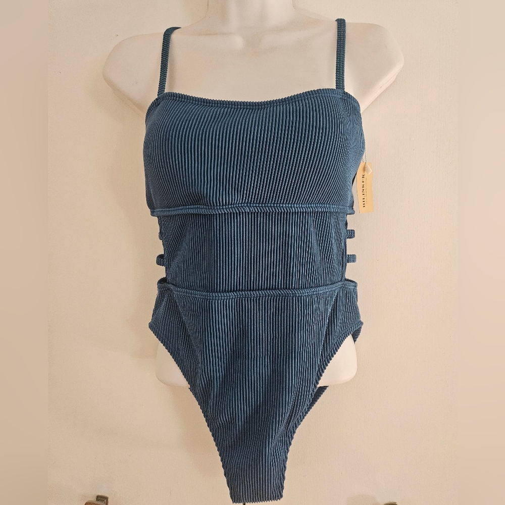 NWT Hilinker Women's Blue Ribbed One Piece Swimsuit with Lattice Cutouts Size M